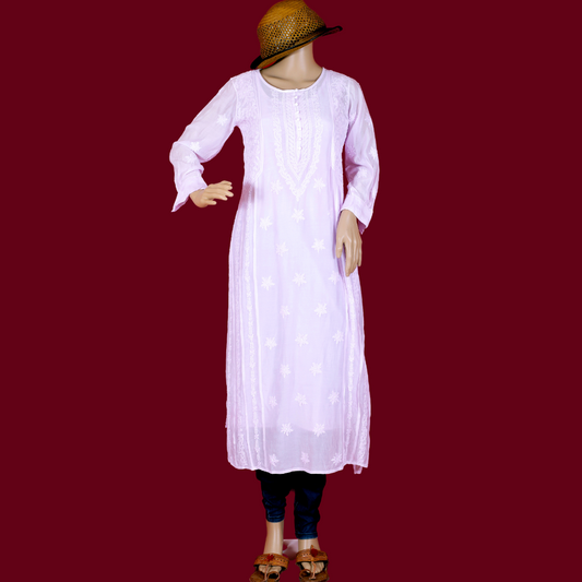Muslin Side Block Chikankari Kurta with Slip (Pastel Lavender)