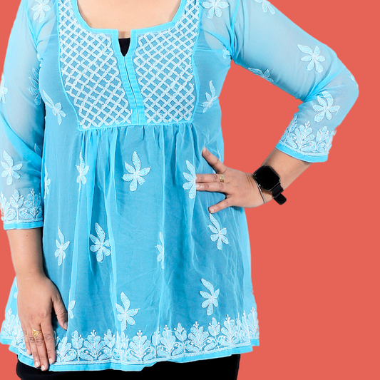 Georgette Chikankari Frock Top (Light Blue)