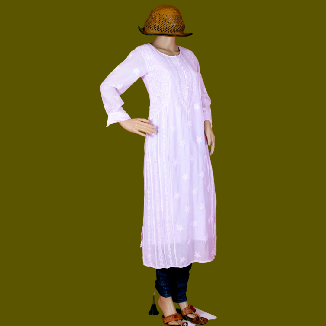 Muslin Side Block Chikankari Kurta with Slip (Pastel Lavender)