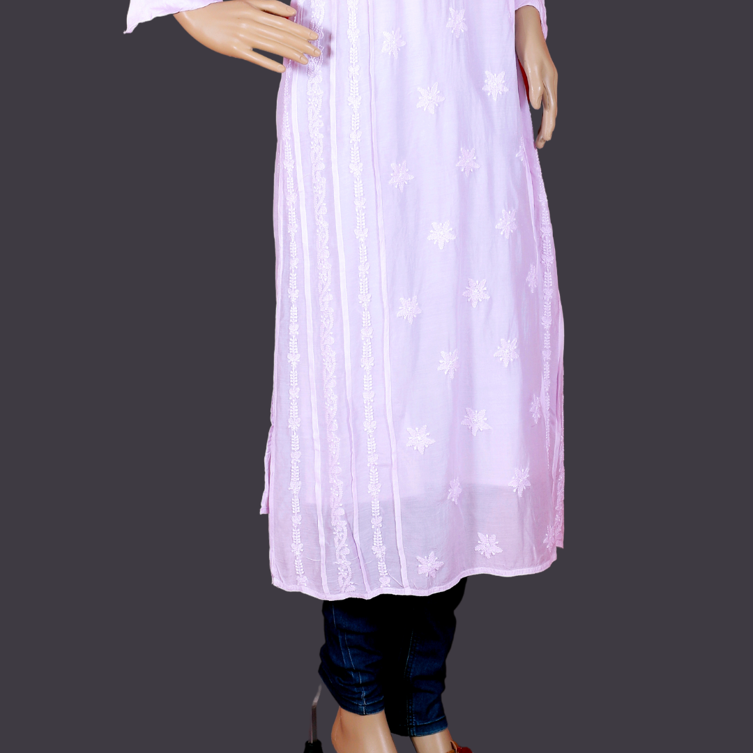 Muslin Side Block Chikankari Kurta with Slip (Pastel Lavender)