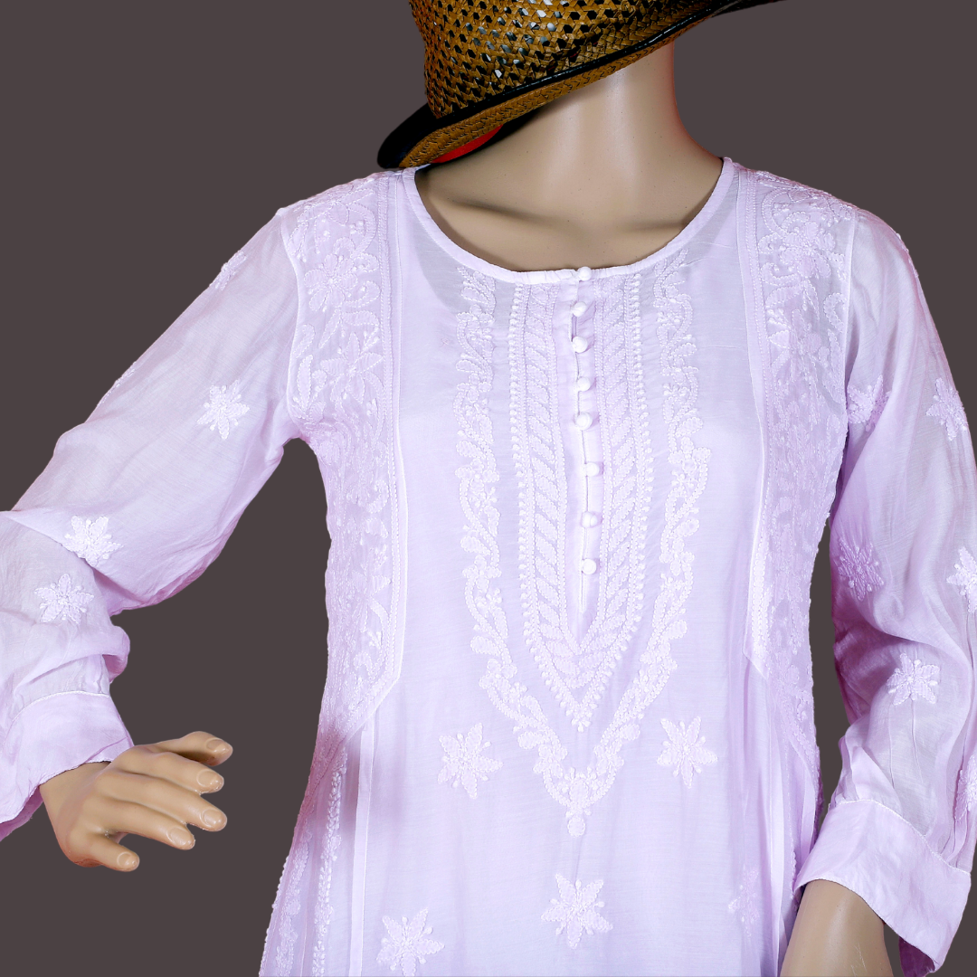 Muslin Side Block Chikankari Kurta with Slip (Pastel Lavender)