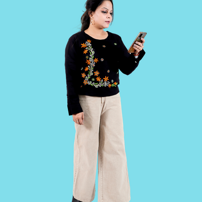 Cotton Chikankari Crop Top (Black)