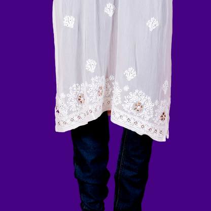 Viscose Georgette Chikankari Kurta with Badla -Dyeable (White)