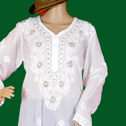 Viscose Georgette Chikankari Kurta with Badla -Dyeable (White)