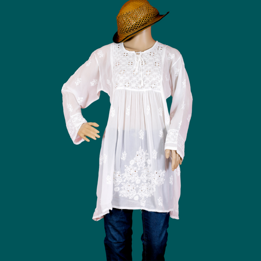 Viscose Georgette Short Kurti/ Top/ Tunic with Badla-Dyeable (White)
