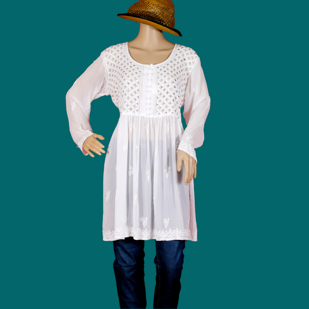 Afia Lucknowi Chikankari Handmade and hand-embroidered super comfortable  georgette fabric white color straight kurti