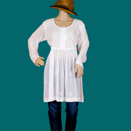 Viscose Georgette Short Chikankari Kurti/ Top/ Tunic with Badla-Dyeable (White)