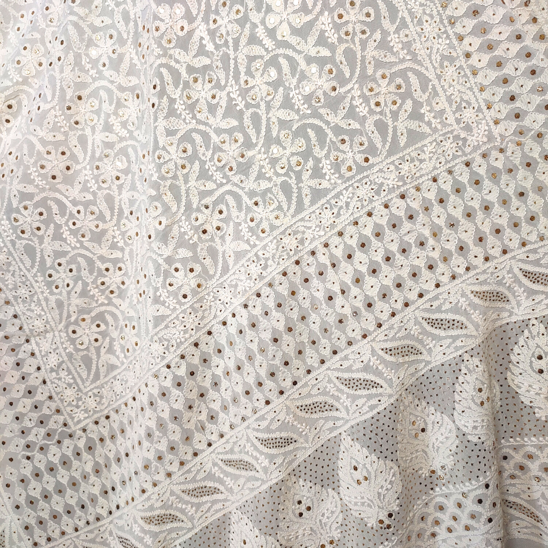 Pure Georgette All Over Chikankari Dupatta with Badla -Dyeable (White)