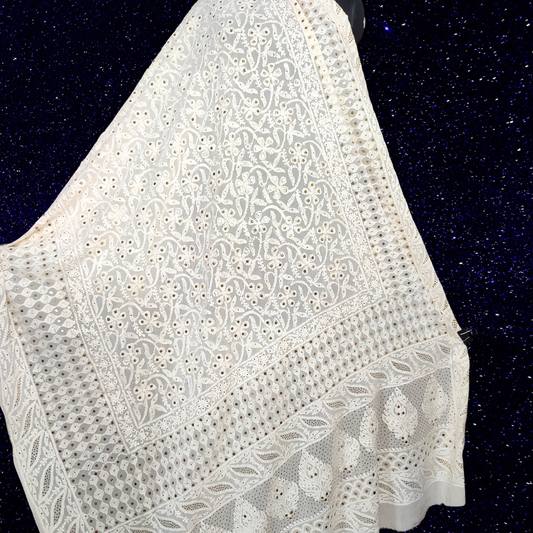 Pure Georgette All Over Chikankari Dupatta with Badla -Dyeable (White)