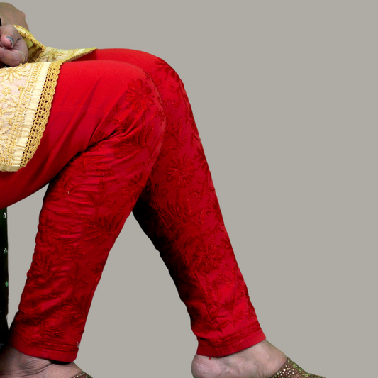 Cotton Chikankari Stretchable Pants (Red)