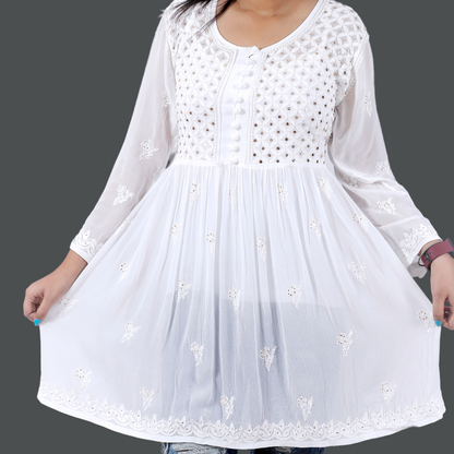 Viscose Georgette Short Chikankari Kurti/ Top/ Tunic with Badla-Dyeable (White)