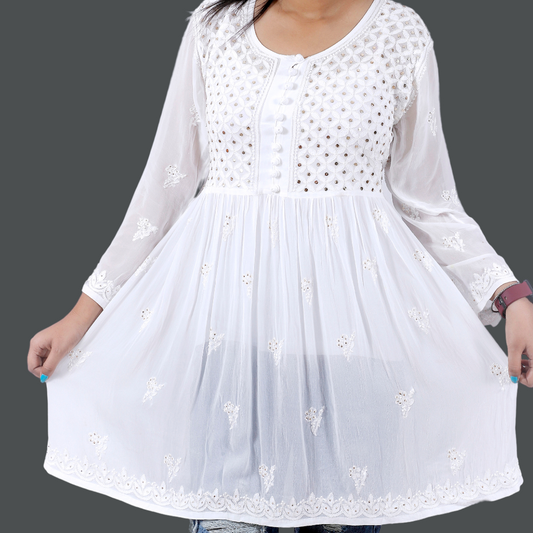 Viscose Georgette Short Chikankari Kurti/ Top/ Tunic with Badla-Dyeable (White)